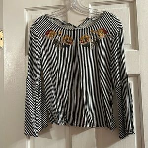 White and black striped blouse top with flower embroidered